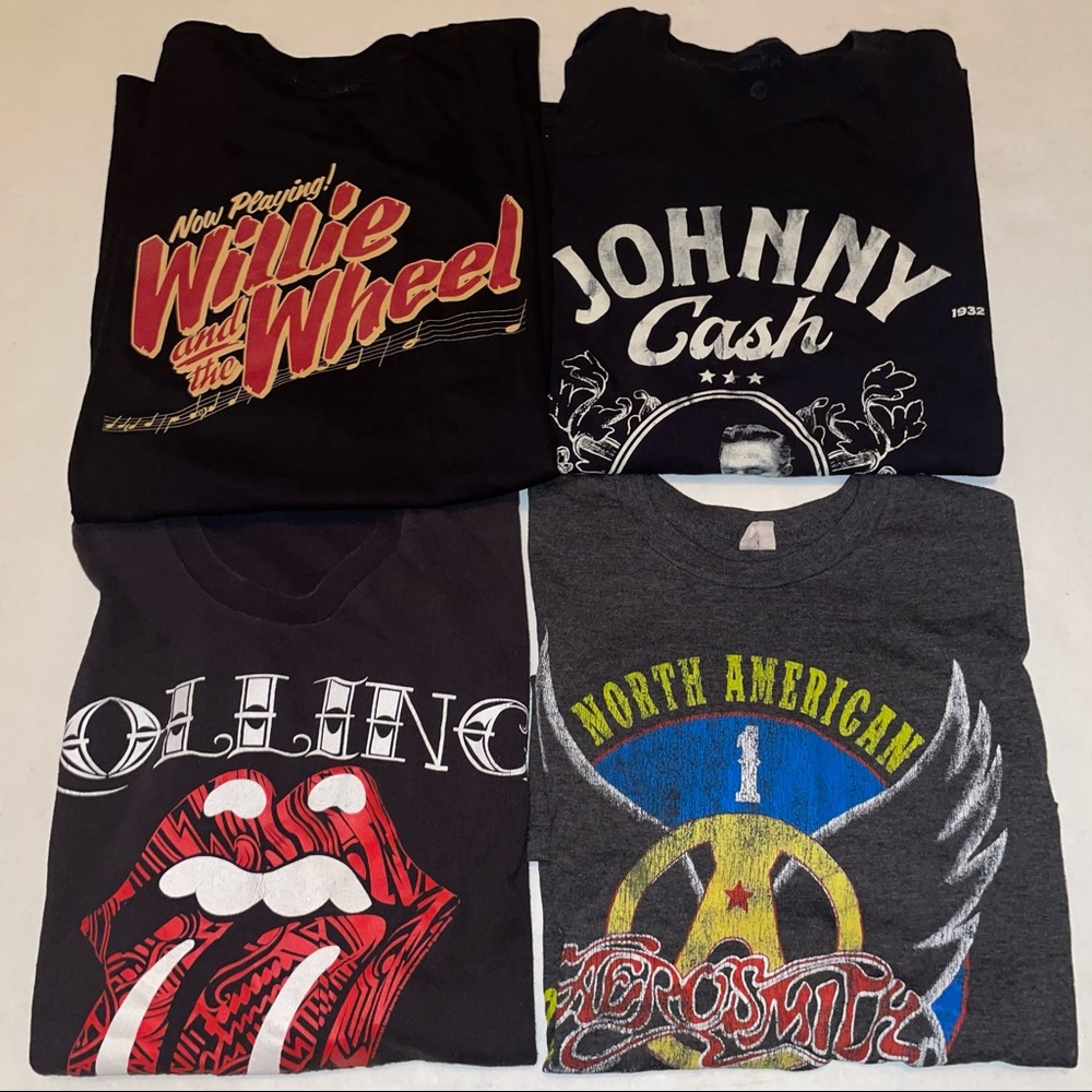 Lot of 4 Band T Shirts Aerosmith Stones Cash M/L